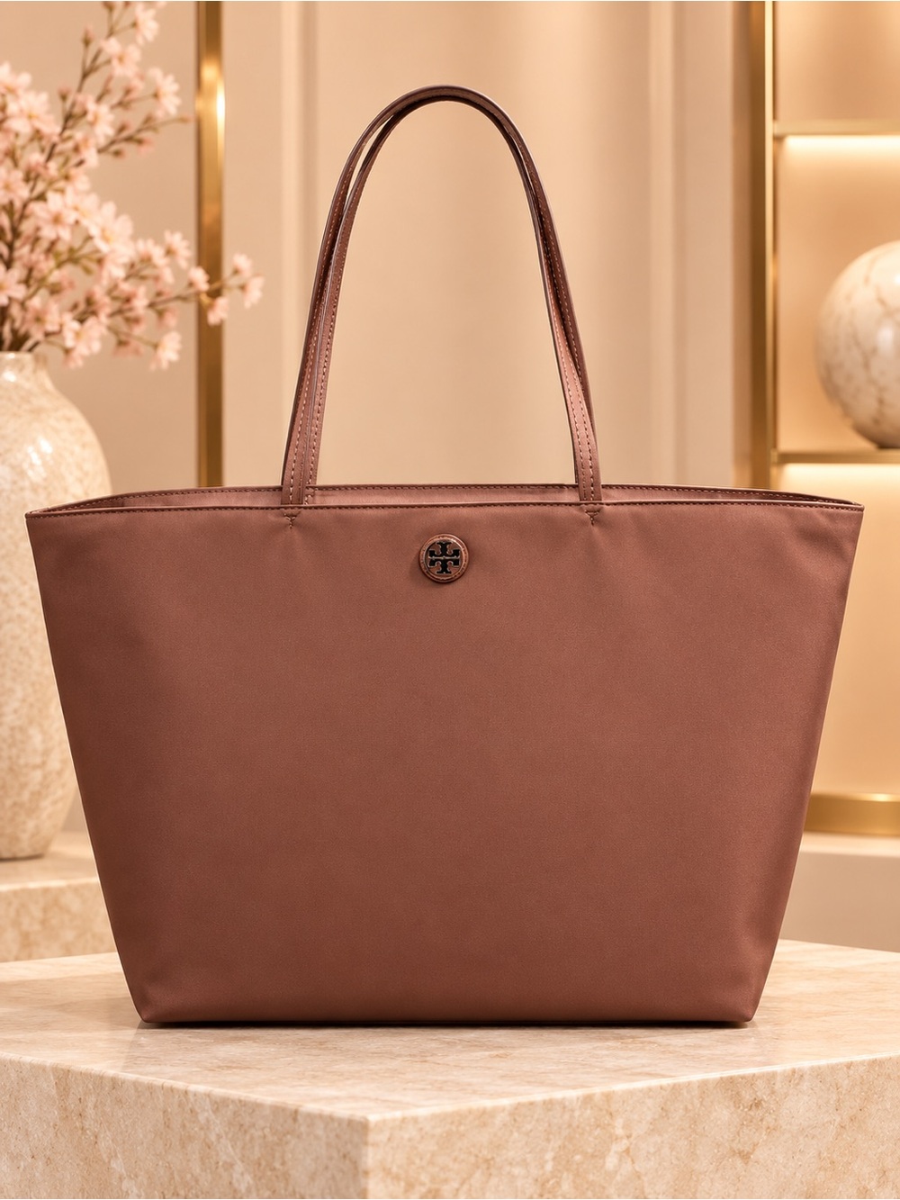 Tory Burch Chestnut Nylon Tote with Logo Medallion